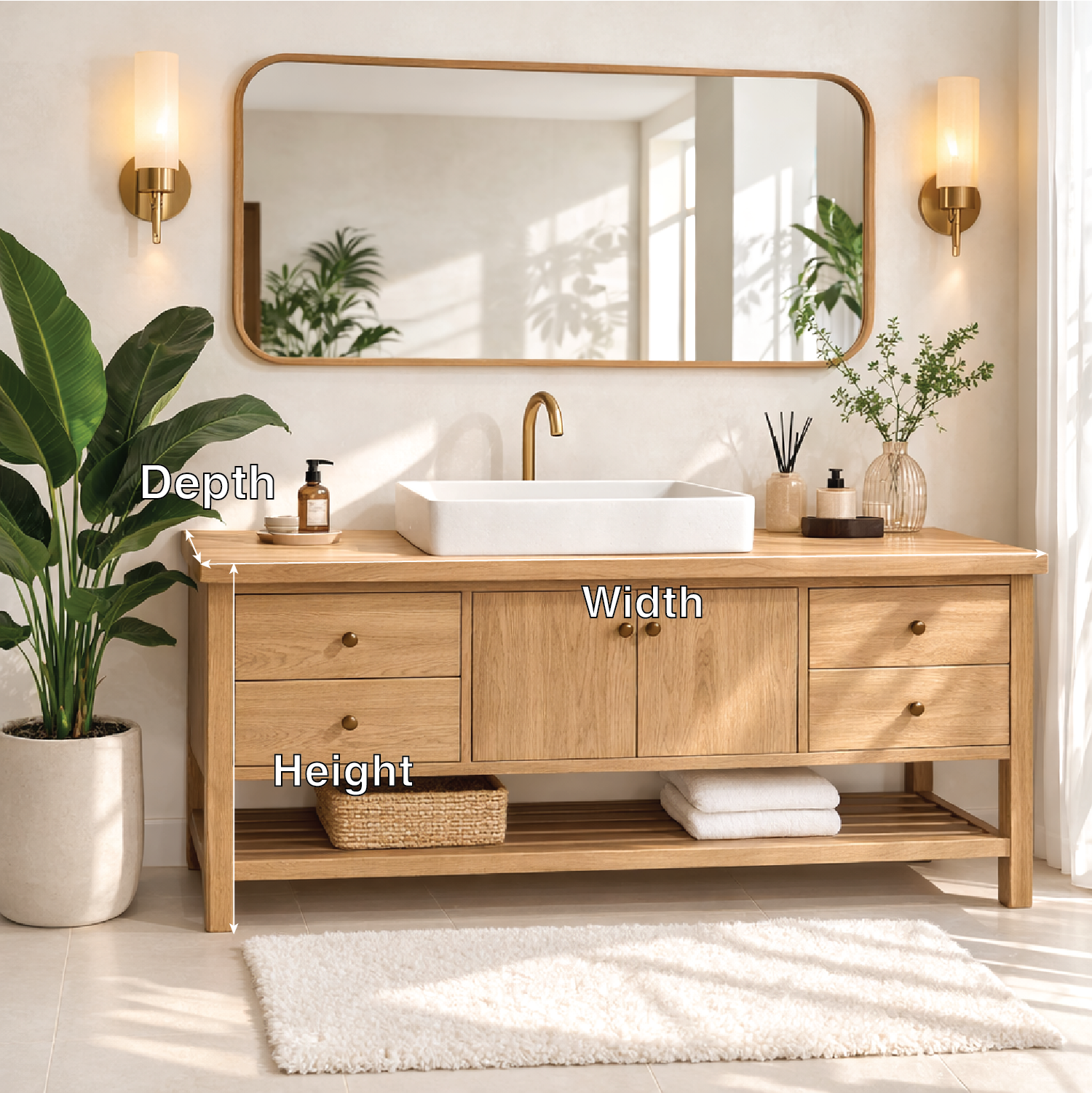 Rustic Bathroom Vanity with Open Shelves and Elegant Brass Faucet