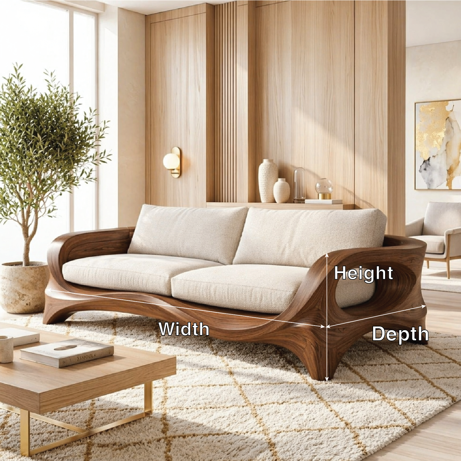 Modern Sculptural Curved Sofa, Organic Minimalist Statement Living Room Furniture