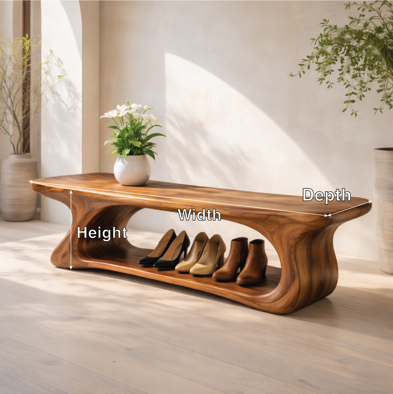 Sculptural Solid Wood Storage Bench, Modern Organic Entryway Shoe Bench