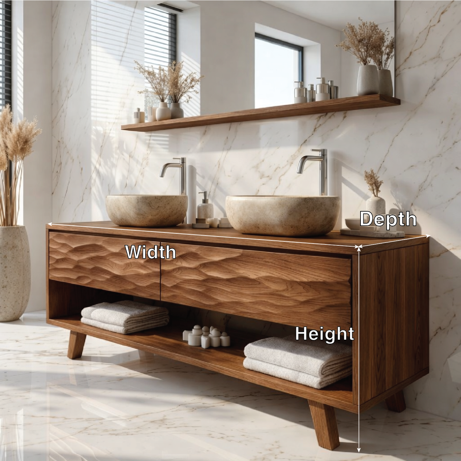 Modern Solid Wood Double Bathroom Vanity with Textured Front and Open Shelf Storage