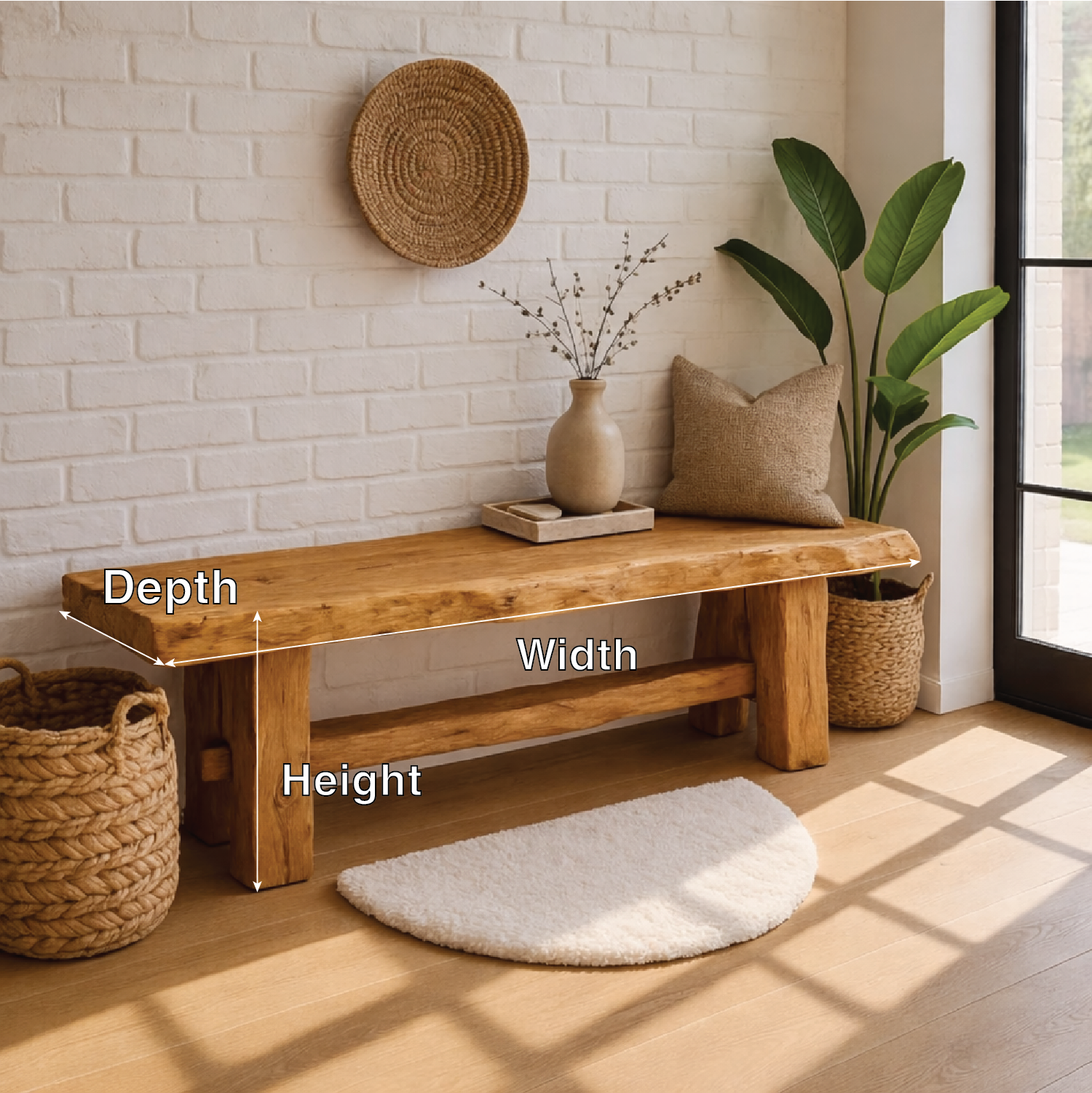 Live Edge Solid Wood Bench, Rustic Farmhouse Entryway Dining Seating
