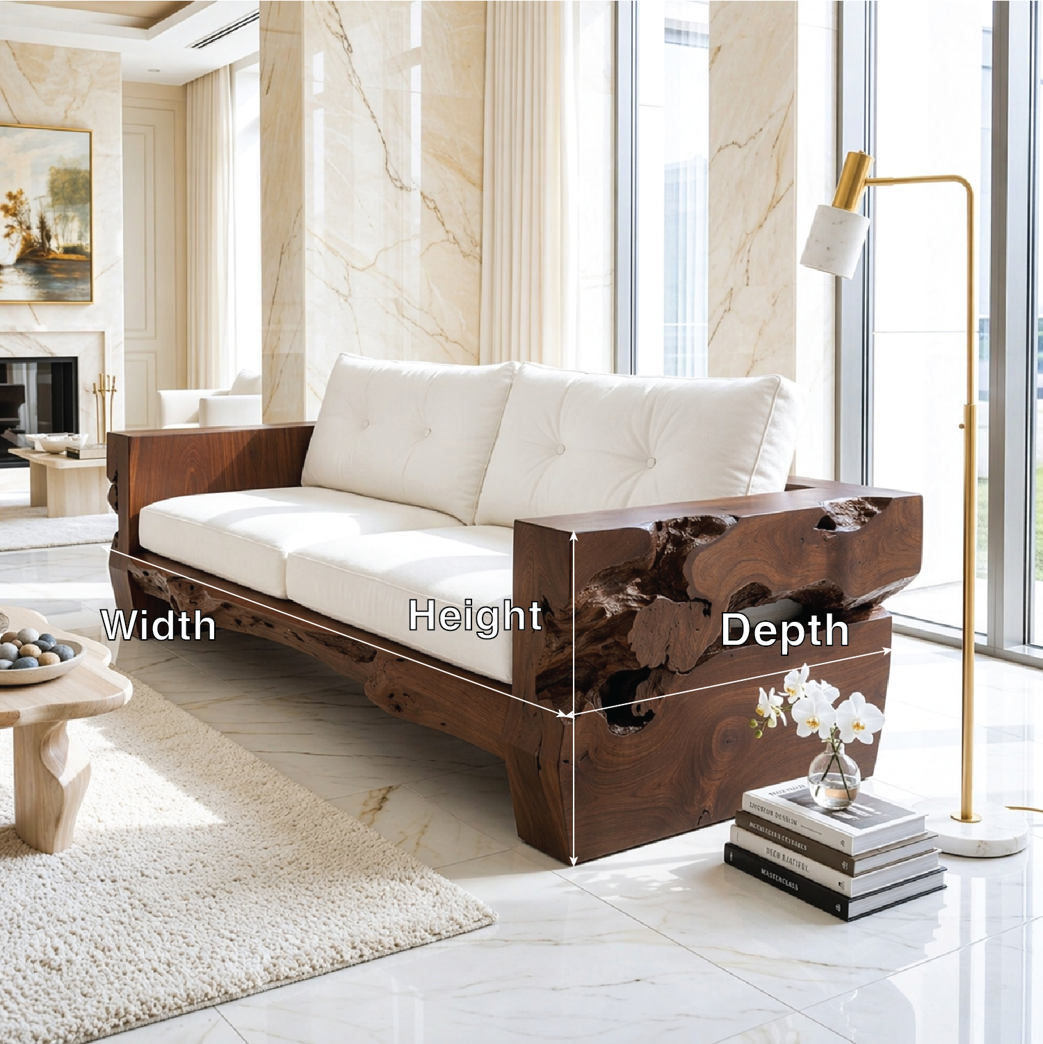 Contemporary Organic Wooden Sofa, Sculptural Luxury Lounge Couch with White Cushions