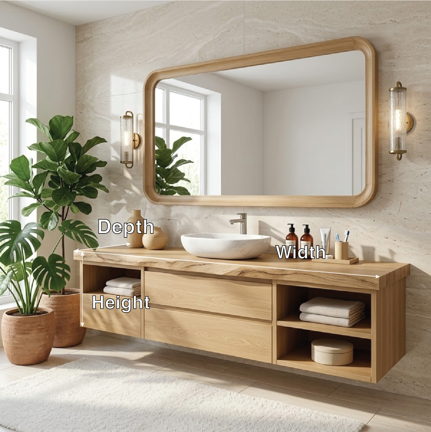 Elegant Floating Vanity with Natural Wood Finish, Wall-Mounted Modern Bathroom Storage