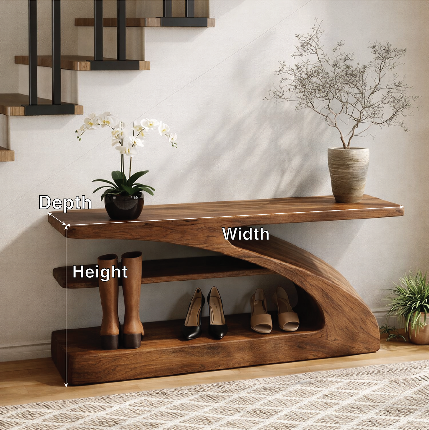 Modern Sculptural Solid Wood Entryway Bench with Shoe Storage