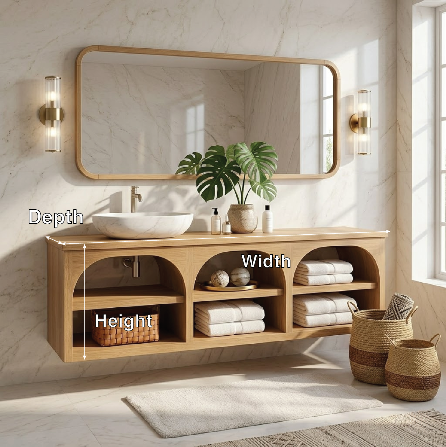 Floating Vanity with Natural Wood and Marble Sink, Open Shelf Storage