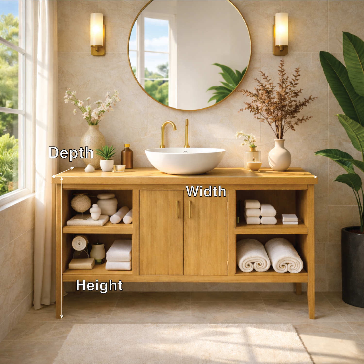 Sleek Wooden Bathroom Vanity with Open Shelving and Storage