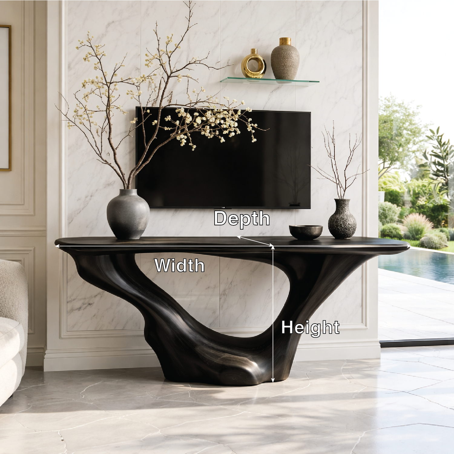 Solid Wood Console Table with Sculpted Curved Base, Modern Minimalist Design