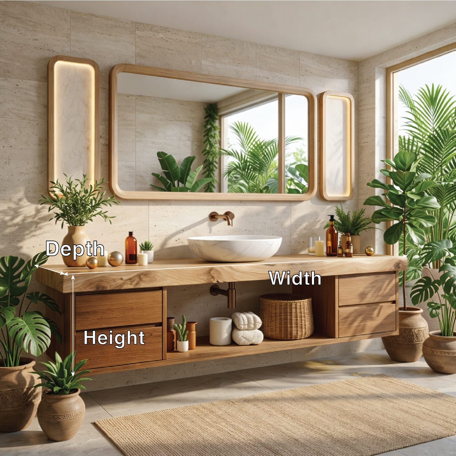Modern Floating Walnut Vanity with Natural Wood Finish and Open Shelving, Stylish Bathroom Storage