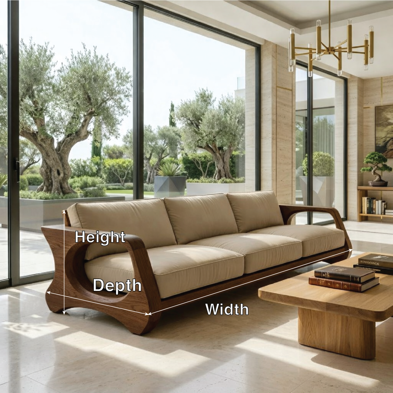 Modern Sculptural Solid Wood Sofa with Beige Cushions Organic Curved Couch