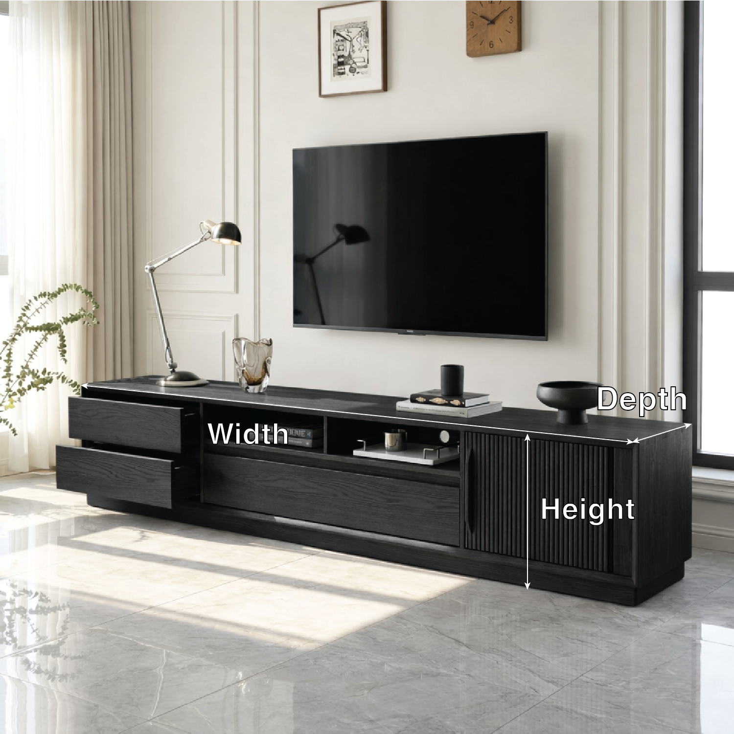 Solid Wood TV Stand with Drawers and Slatted Door, Modern Media Console