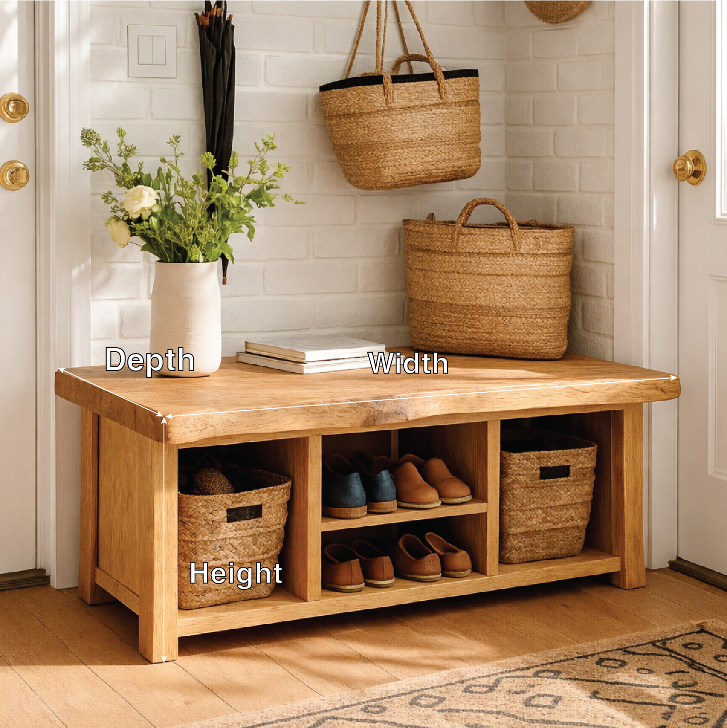 Solid Wood Entryway Bench with Storage Cubbies and Shoe Organizer Shelf