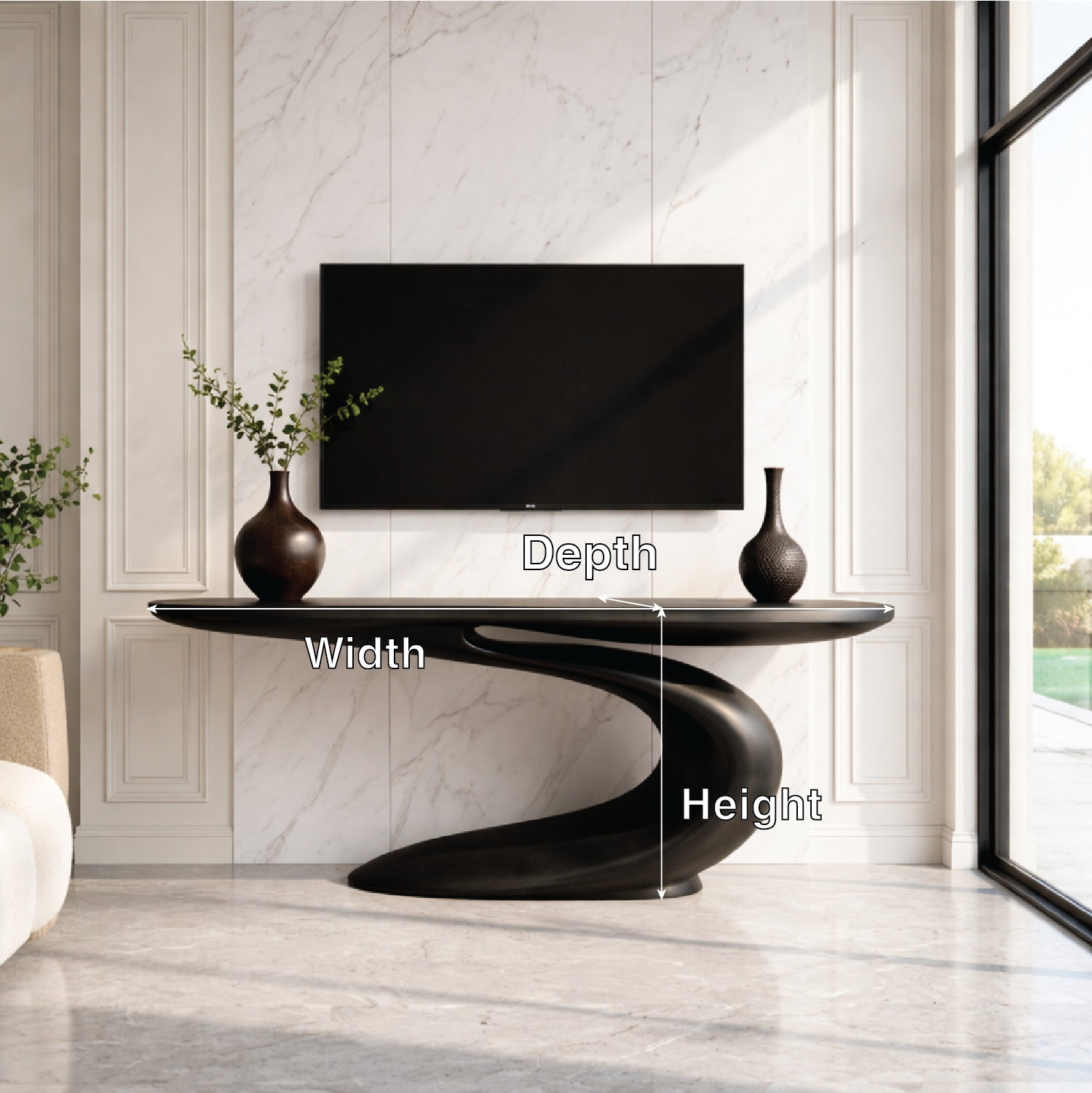 Solid Wood Console Table with Sculpted Curved Base, Modern Artistic Design