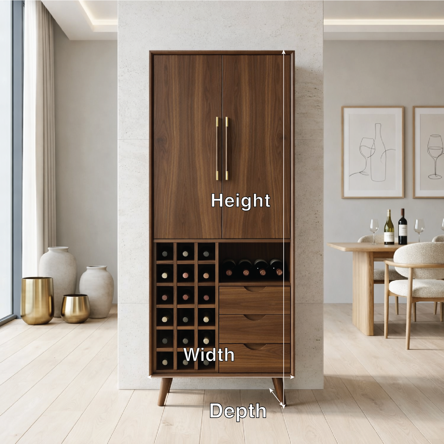 Modern Wine Cabinet with Bottle Rack, Drawers and Tall Concealed Storage