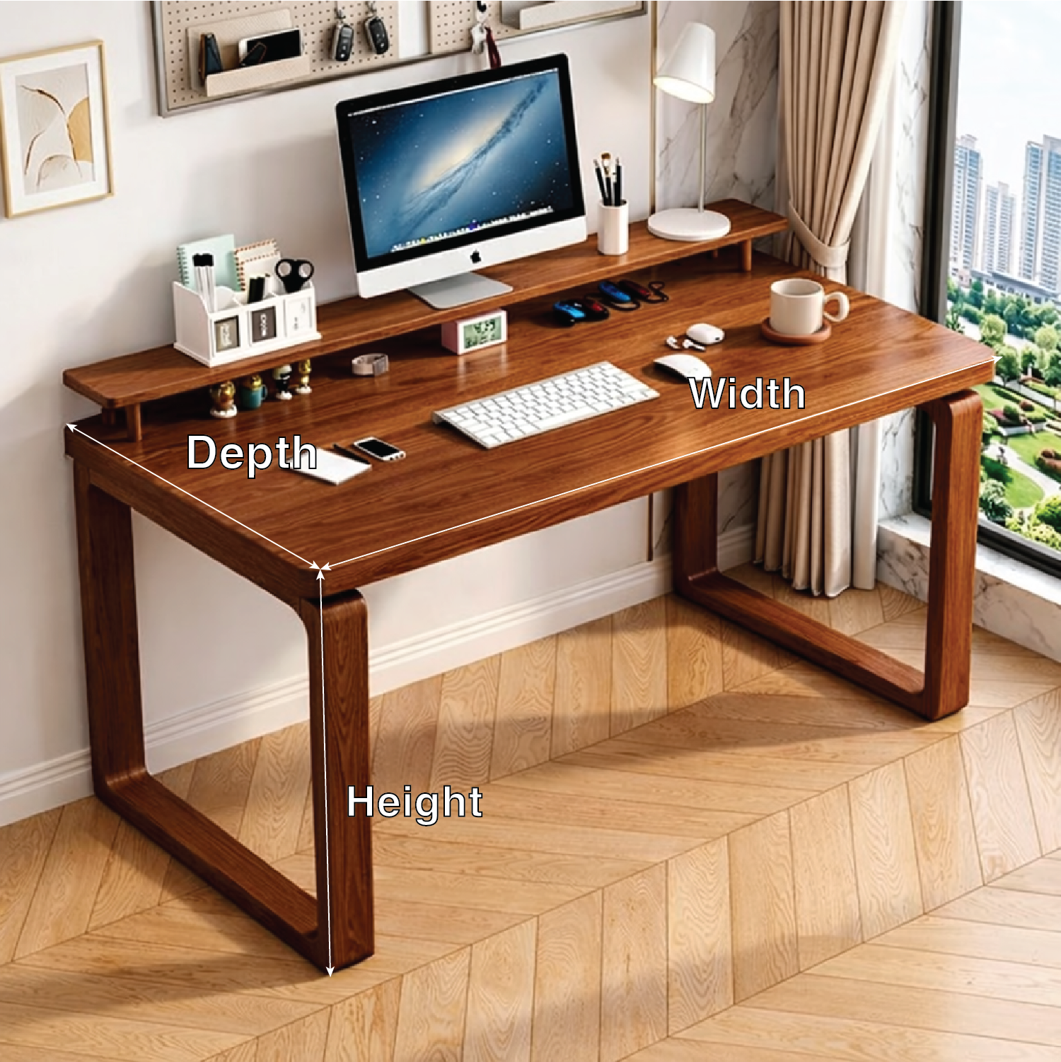Modern Writing Desk with Monitor Stand, Minimalist Home Office Computer Table