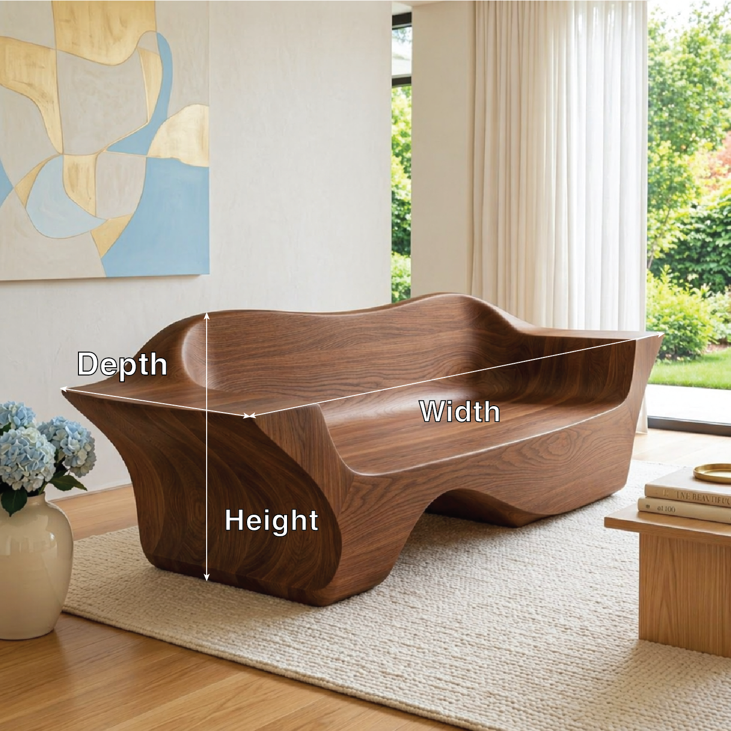 Modern Sculptural Curved Sofa Bench, Organic Statement Living Room Furniture Piece