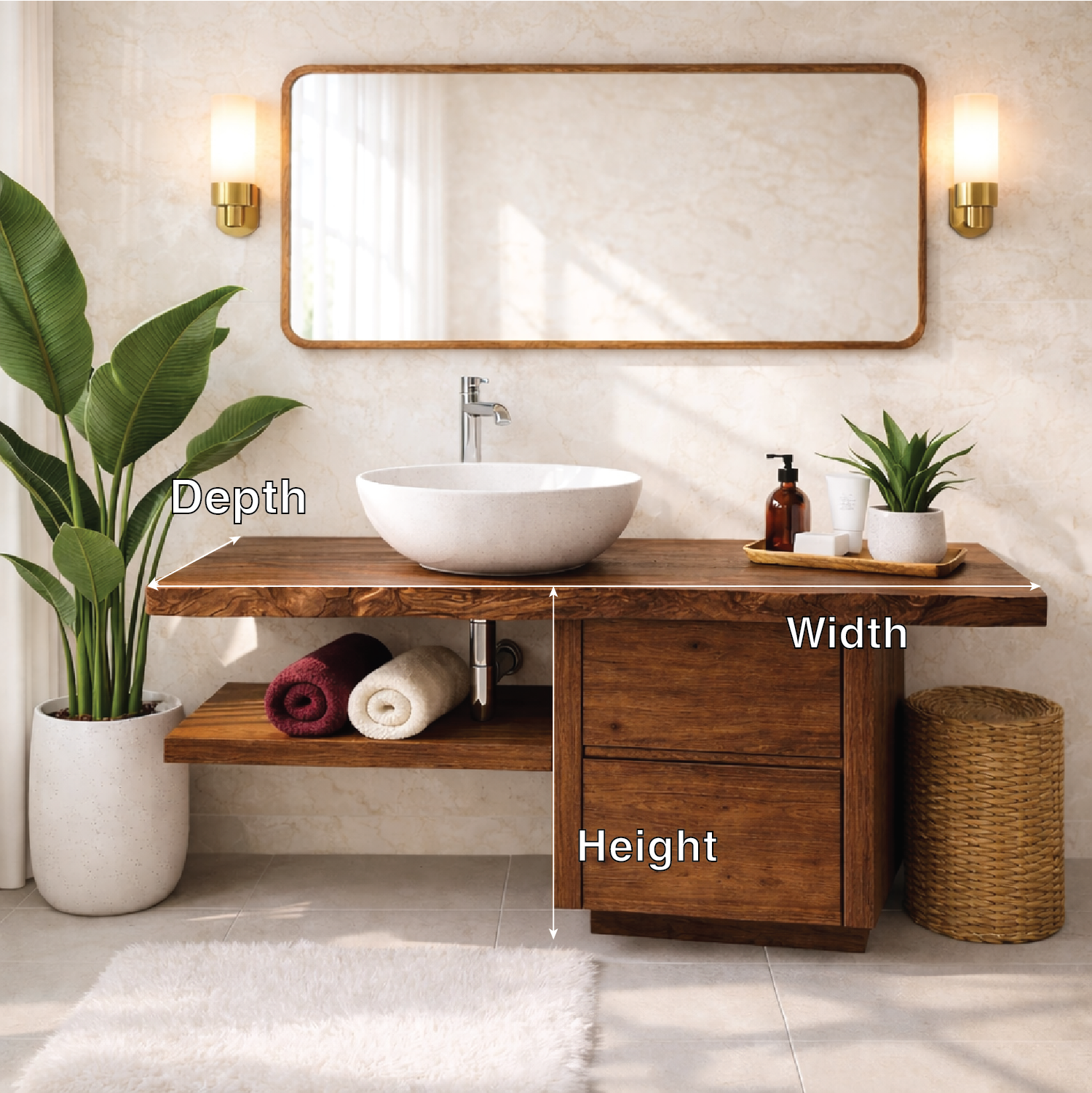 Handcrafted Solid Wood Bathroom Vanity with Live Edge Countertop and Modern Storage Design