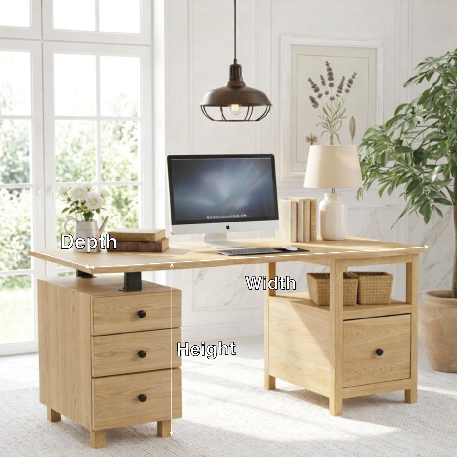 Modern Desk with Storage Drawers and Open Shelf Home Office Desk