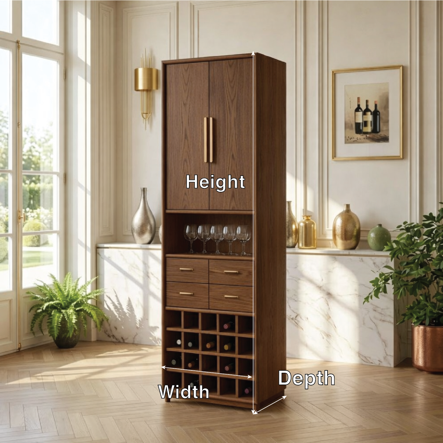 Modern Wine Cabinet with Glass Display, Drawers and Built-In Bottle Rack Storage