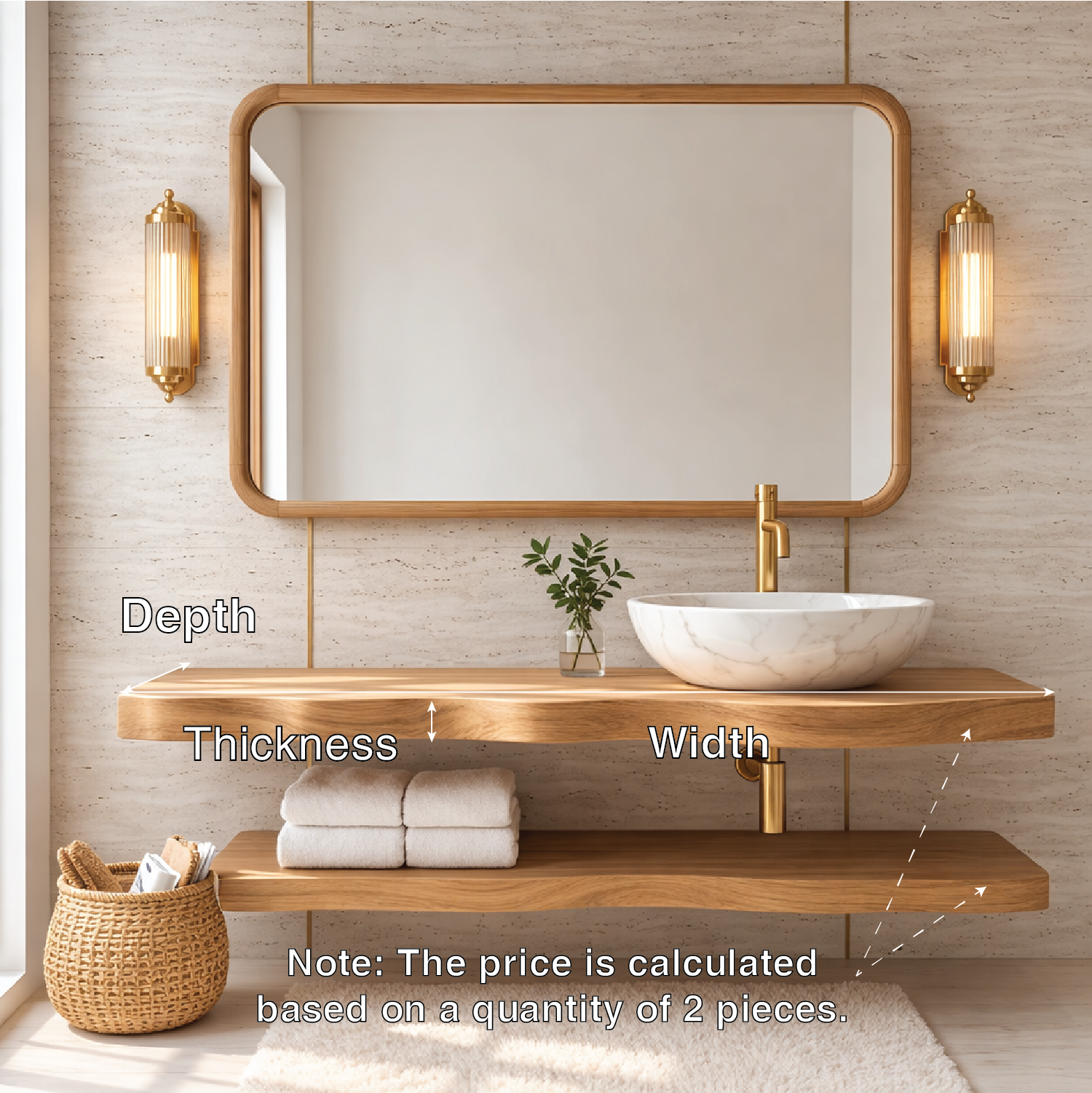 Natural Wood Floating Vanity with Curved Design, Shelf Storage, and Ceramic Sink