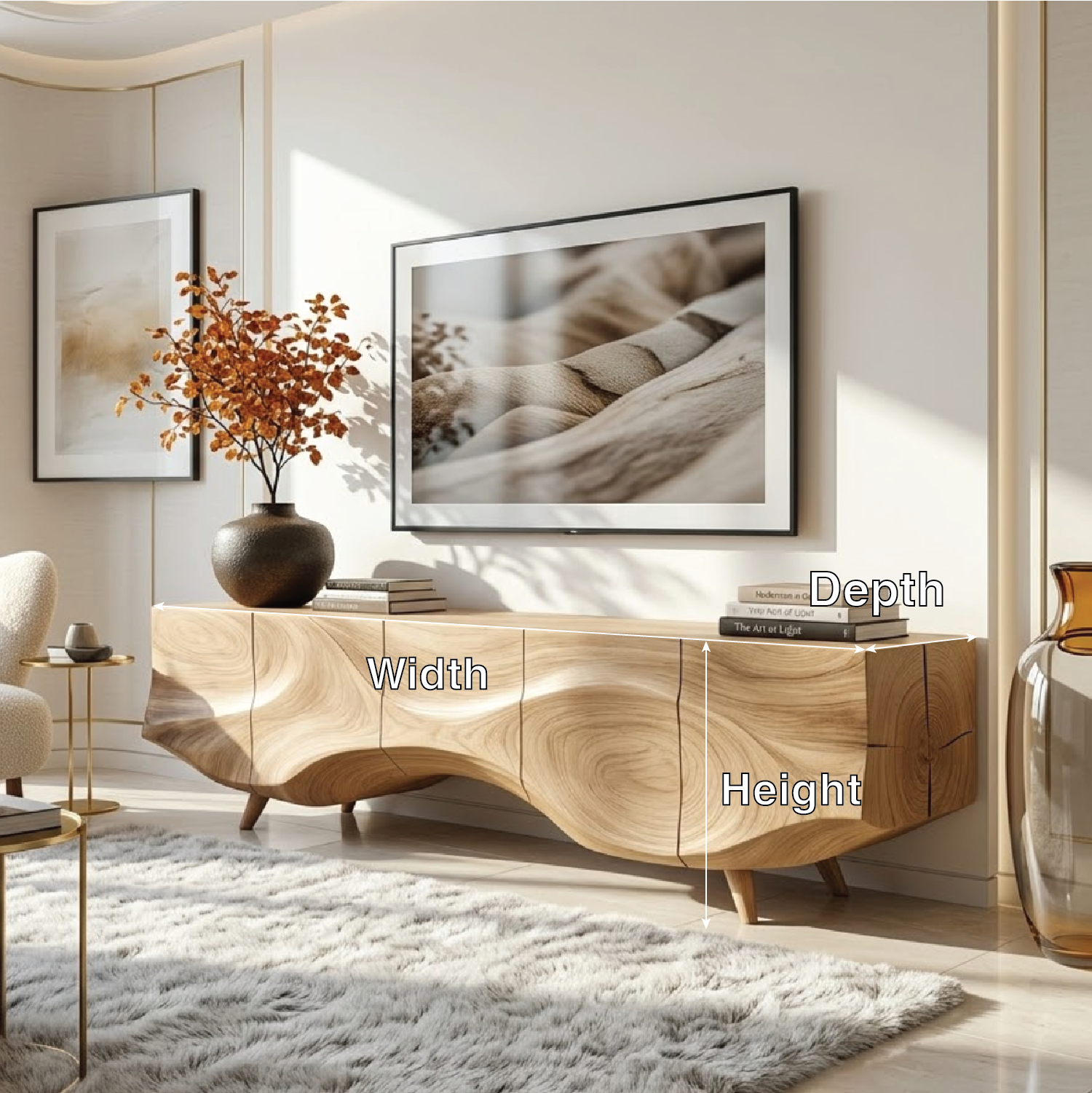 Solid Wood TV Stand, Sculpted-Wave Modern Media Console Cabinet for Living Room