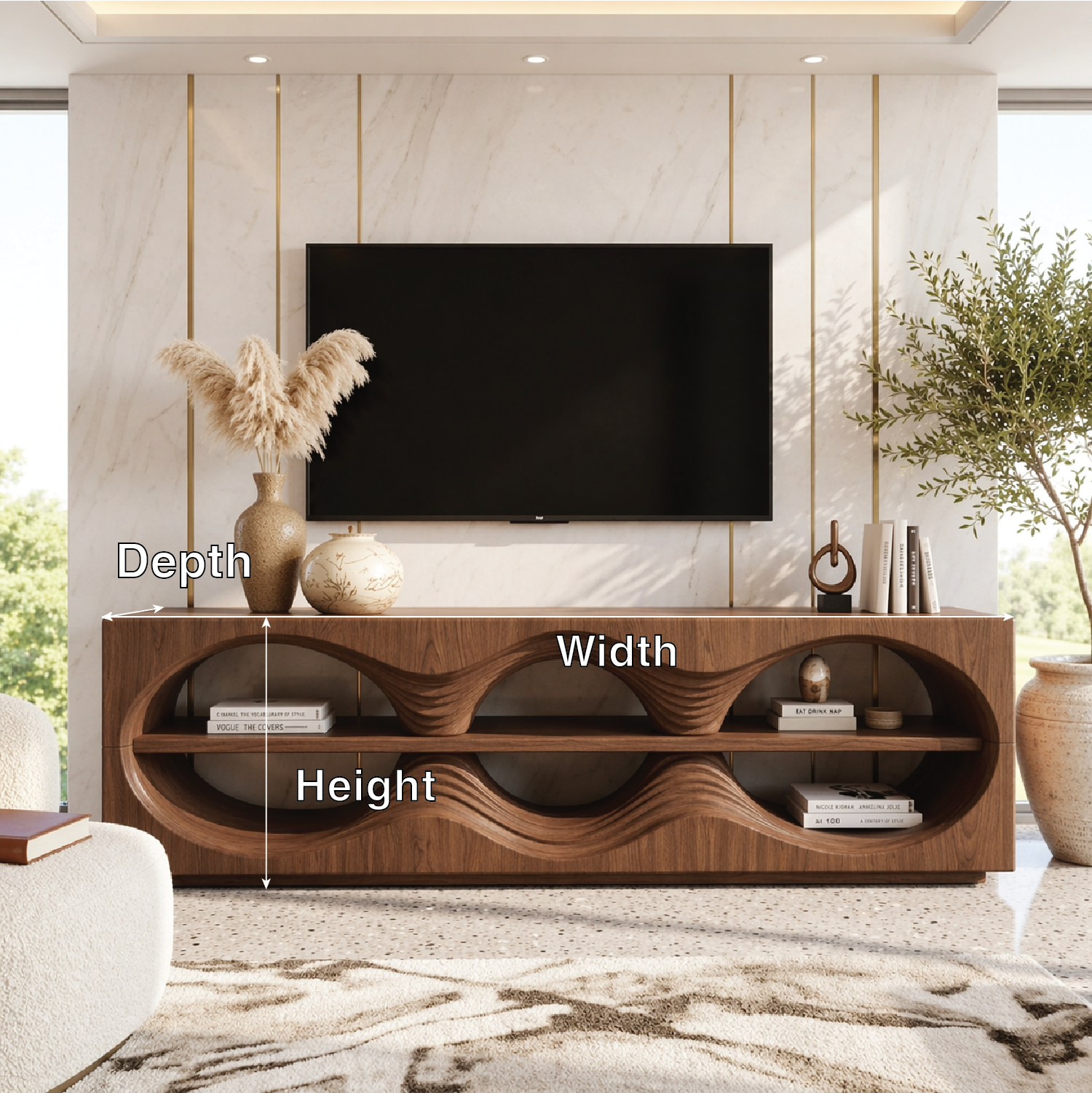 Sculptural Wave TV Console, Modern Entertainment Stand for Elegant Home Interiors