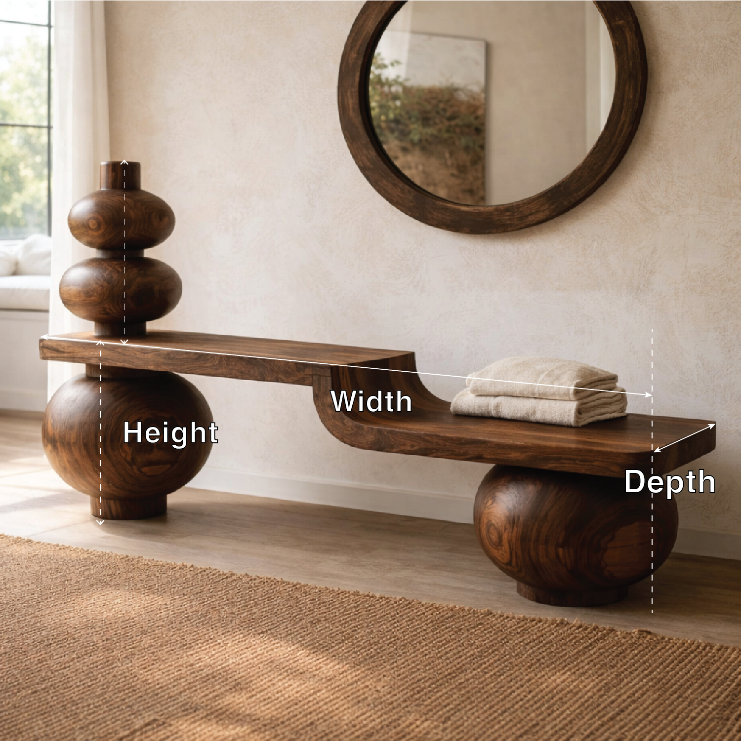 Sculptural Solid Wood Bench, Modern Artistic Entryway Statement Seating