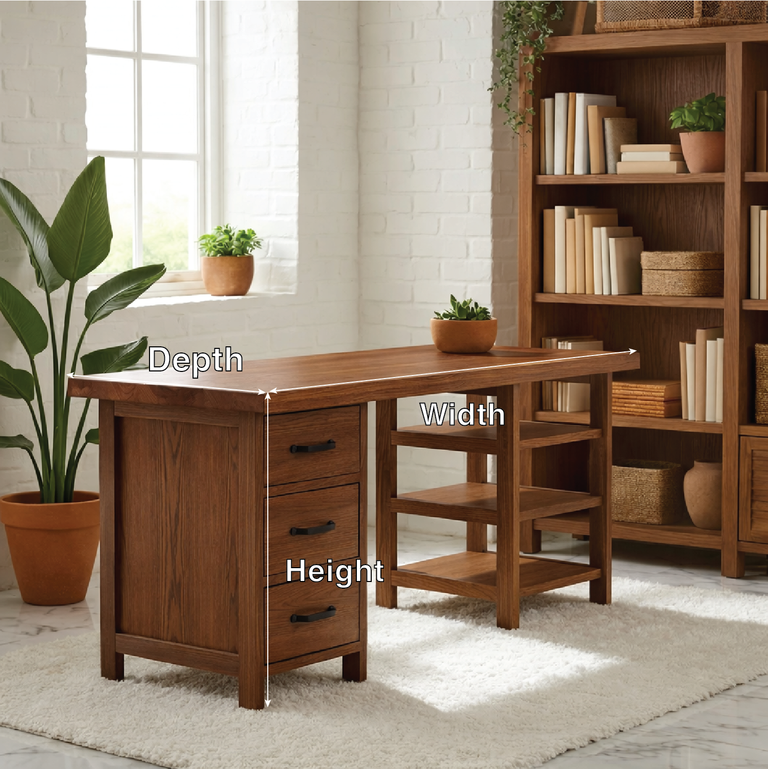Modern Work Desk with Drawers and Open Shelving Home Office Minimal Storage Desk