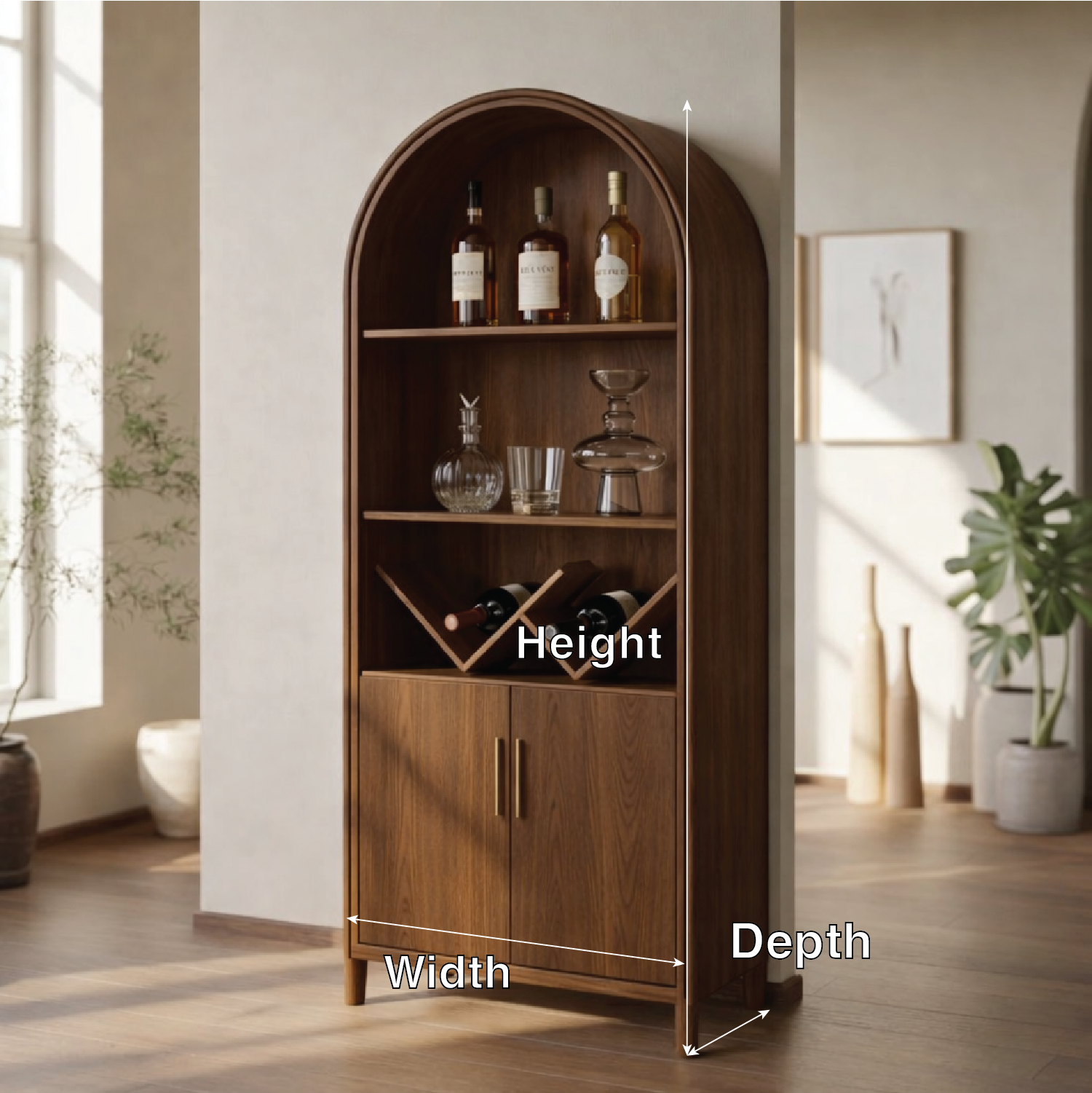 Modern Arched Wine Cabinet with Display Shelves and Built-In Bottle Organizer