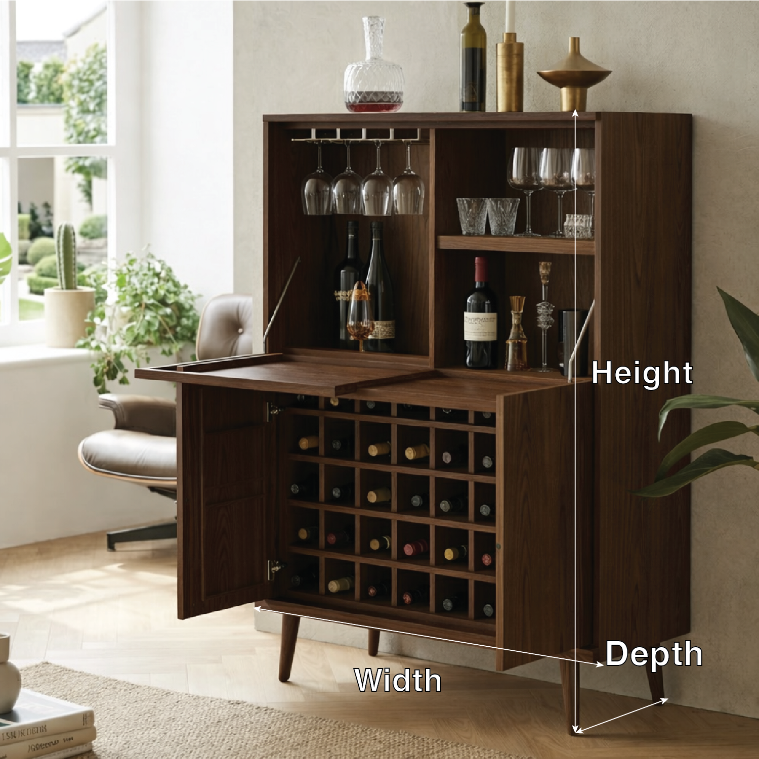 Modern Wine Bar Cabinet with Fold Down Shelves and Large Bottle Storage