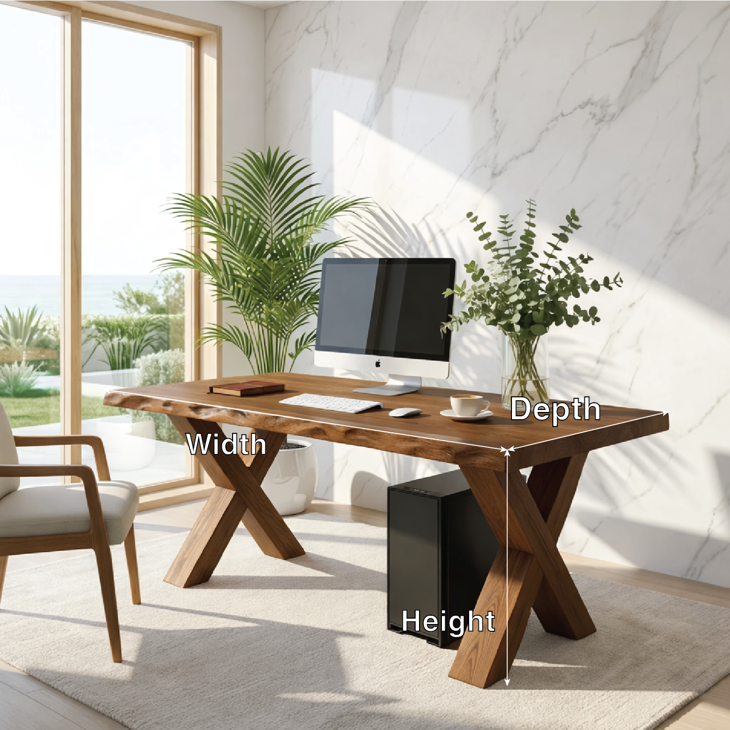 Live Edge X-Leg Desk Solid Wood Office Desk Modern Writing Desk Natural Wood Workspace