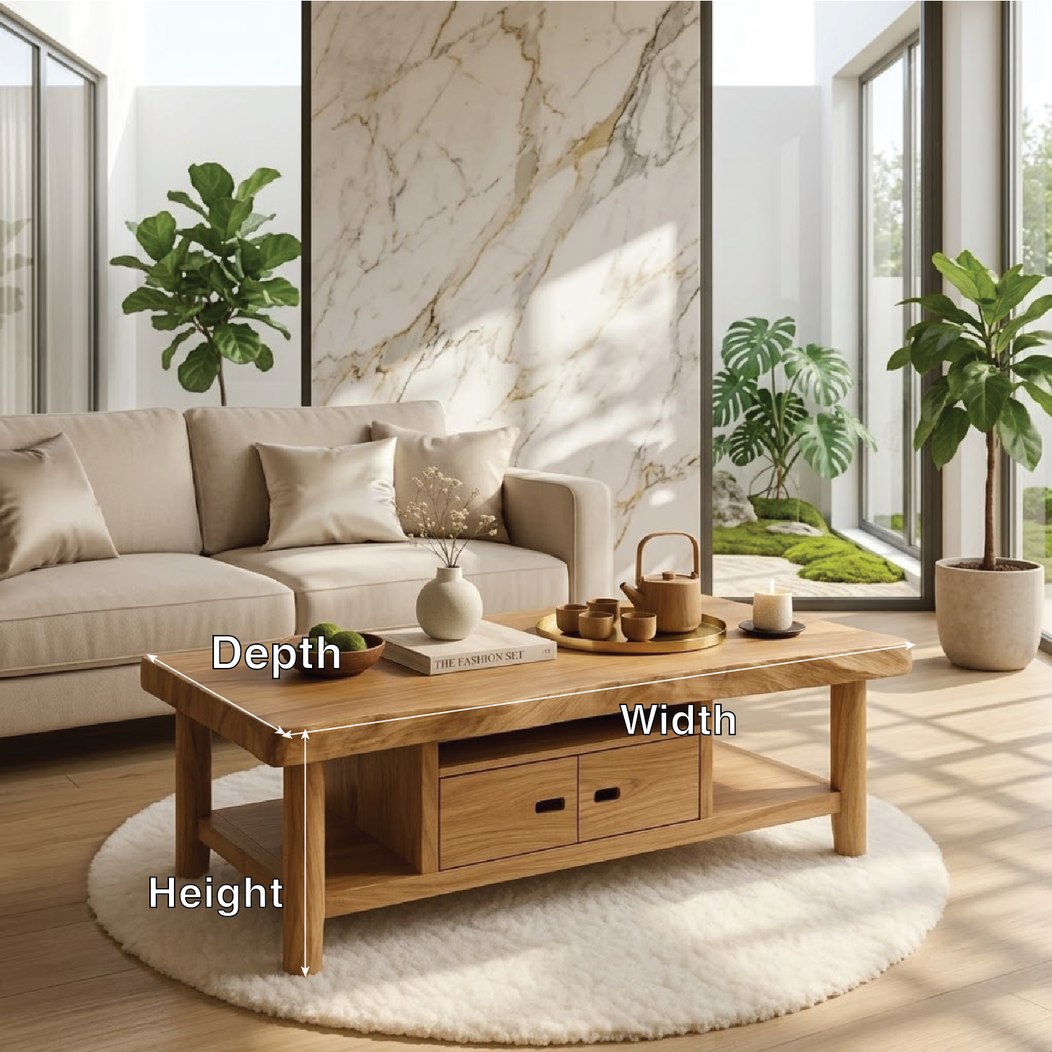 Solid Wood Coffee Table with Storage Shelf and Drawers for Living Room Decor