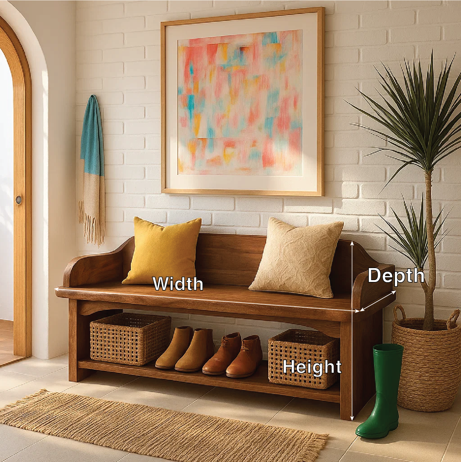 Solid Wood Entryway Bench with Armrests and Shoe Shelf Storage