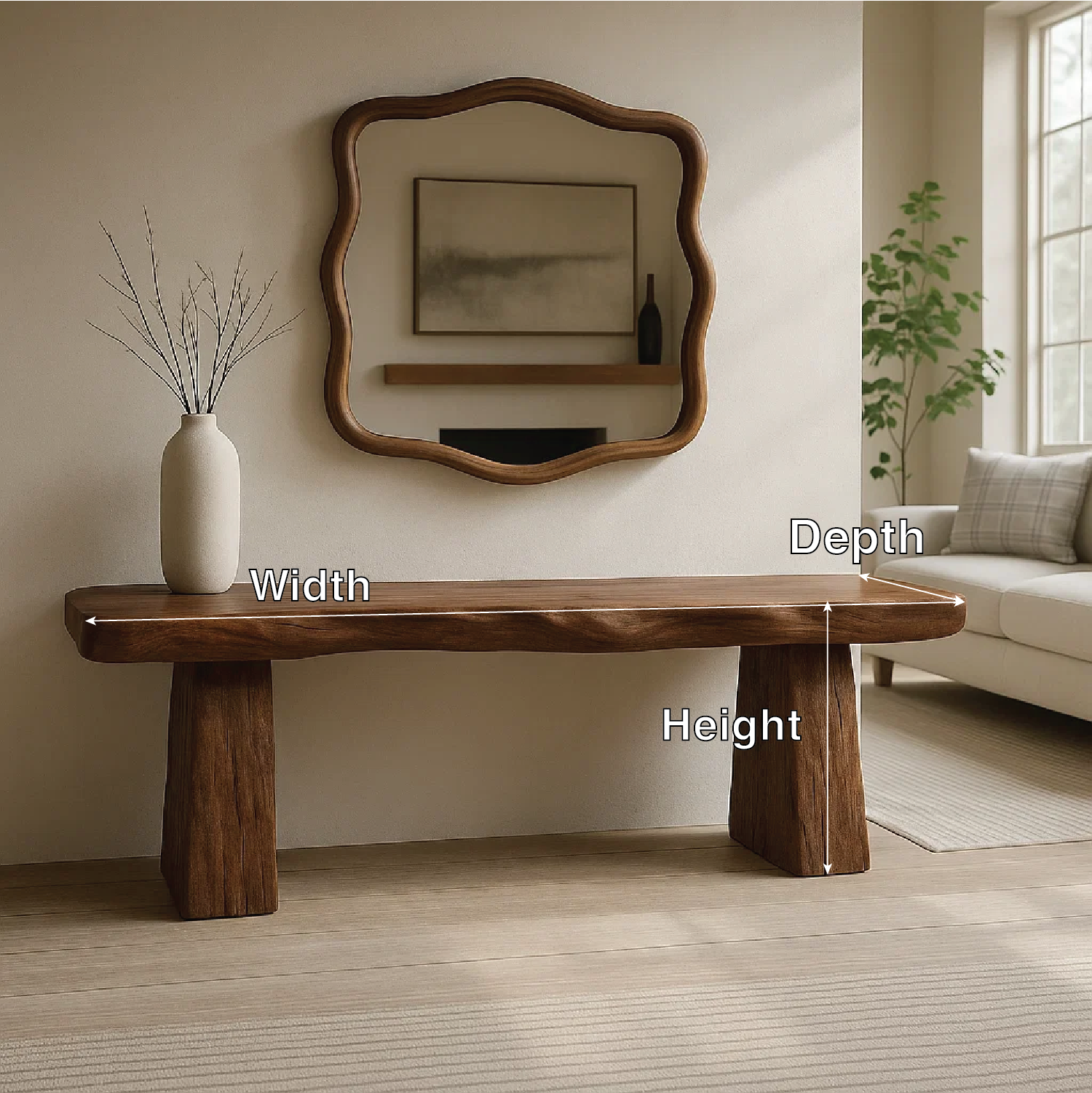 Solid Wood Entryway Bench with Sculpted Base, Handmade Rustic Hallway Seat