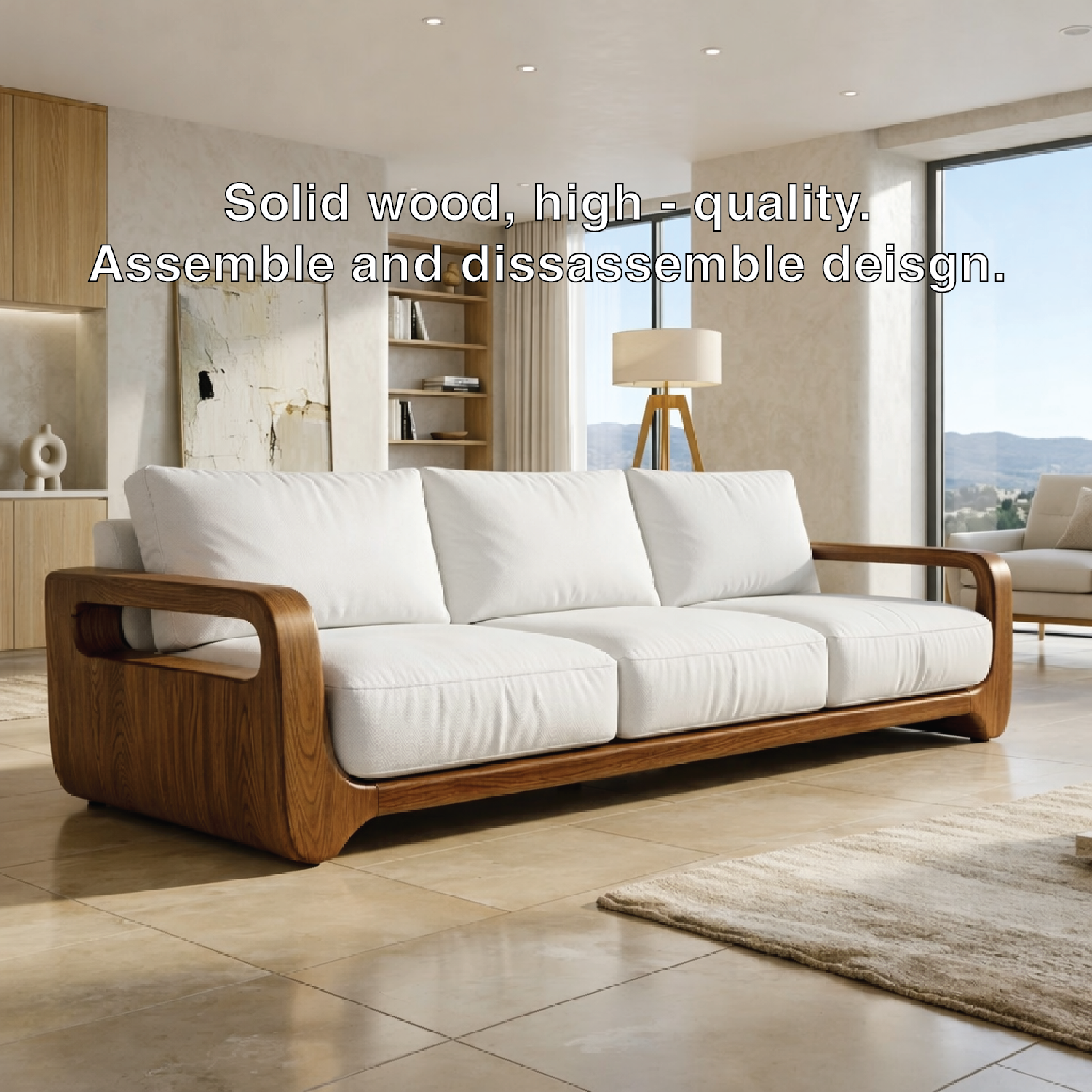 Modern Solid Wood Sofa with White Fabric Cushions Minimalist Japandi Living Couch