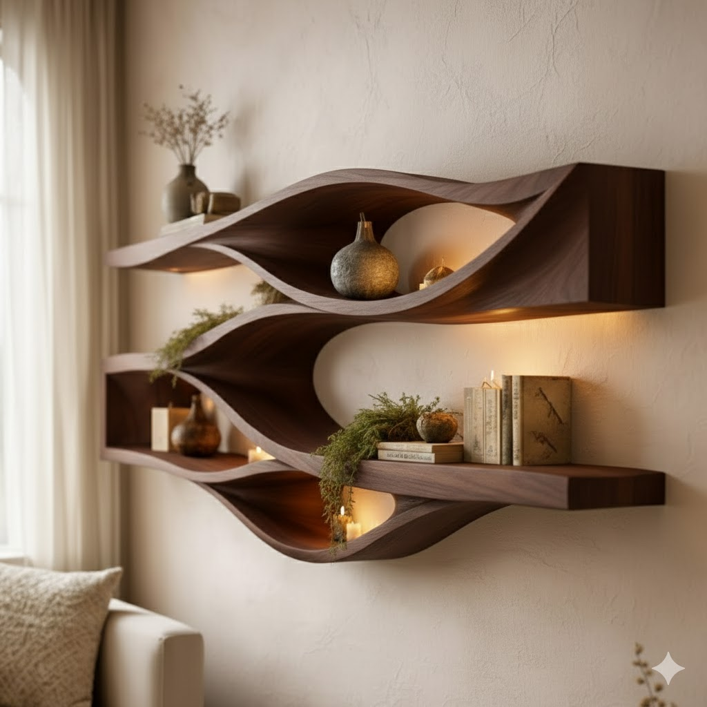 Handcrafted Solid Wood Floating Wall Shelf - Organic Curved Wave Design for Modern Home Decor