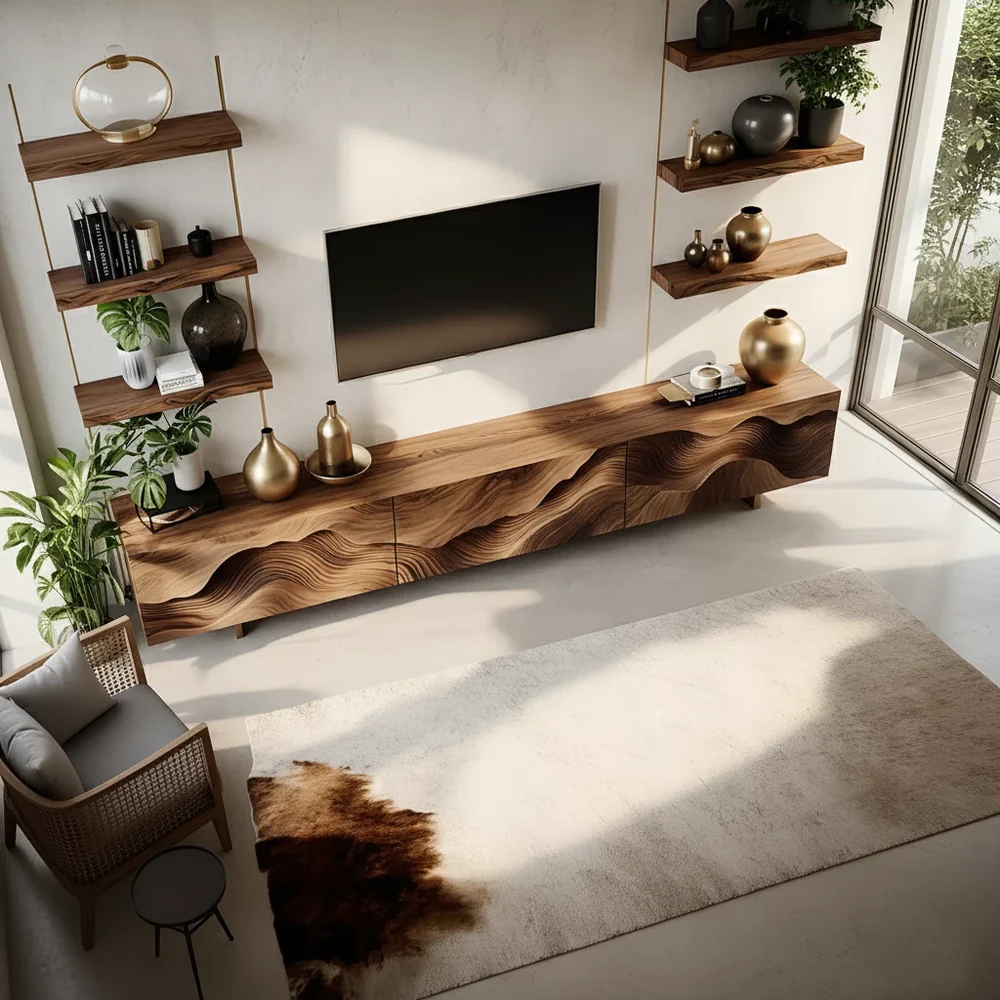 Solid Wood TV Stand Modern Walnut Media Console with Sculpted Wave Doors