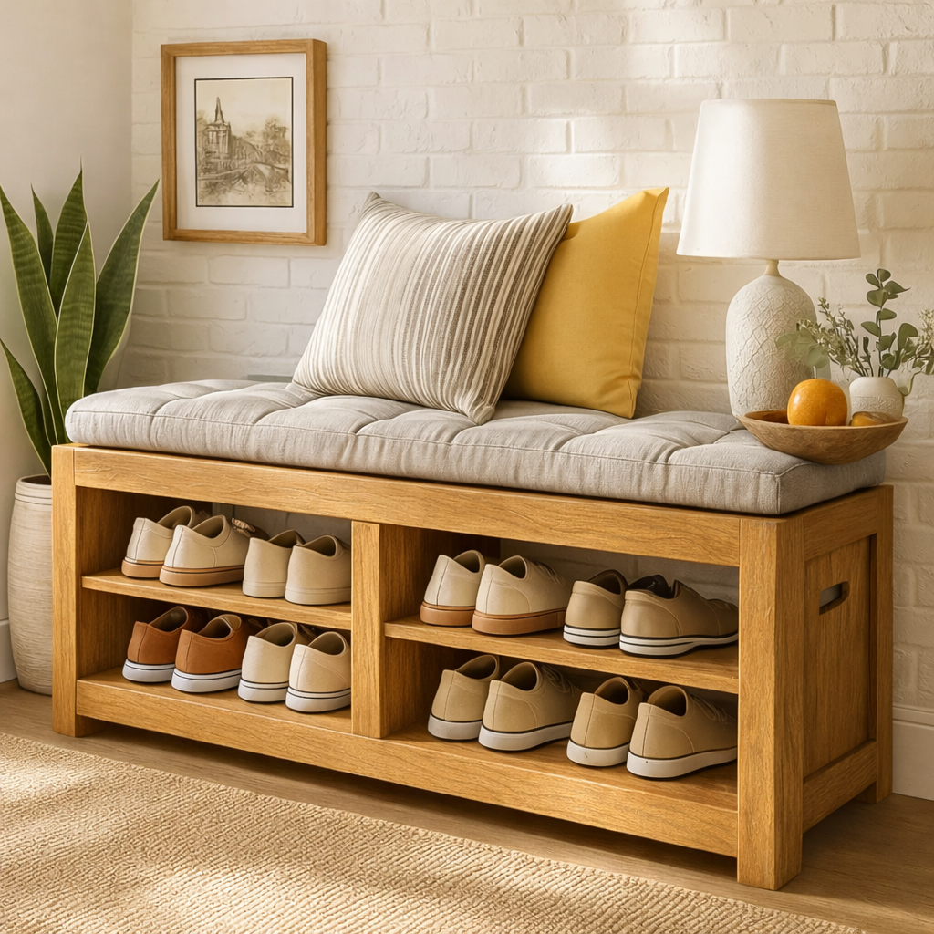 Solid Wood Entryway Bench with Shoe Storage Shelves, Rustic Hallway Organizer