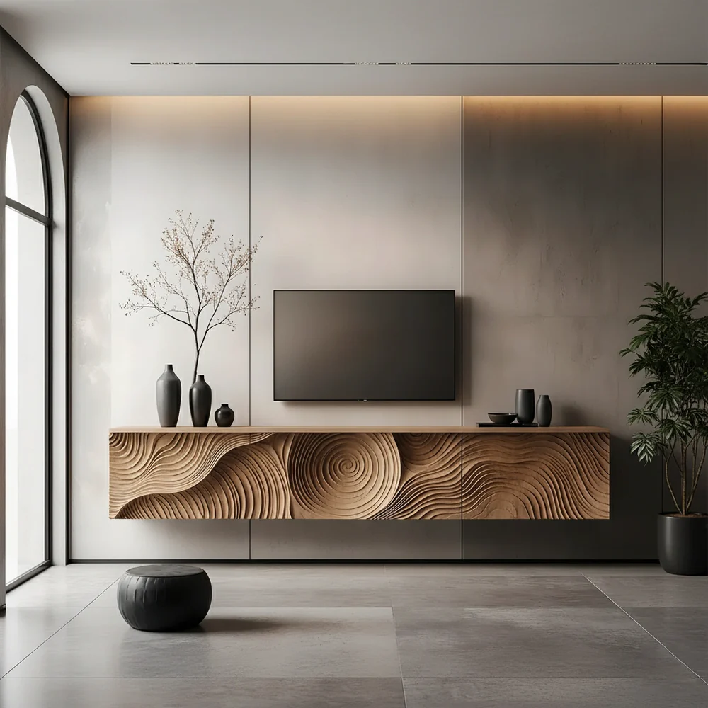 Solid Wood Floating TV Stand Modern Wall Mounted Media Console with Carved Front
