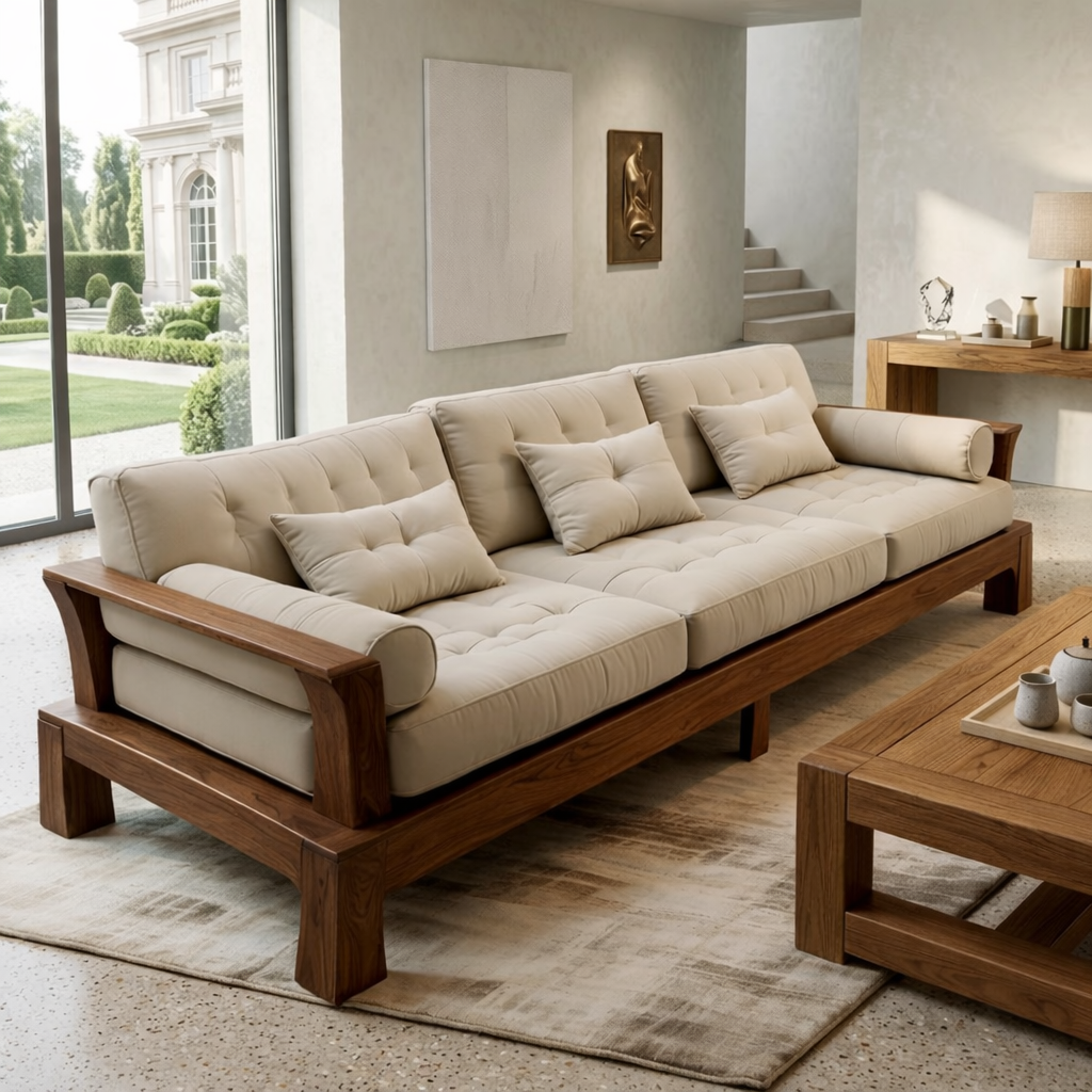 Large Solid Wood Sofa with Beige Tufted Cushions Modern Japandi Living Room Couch