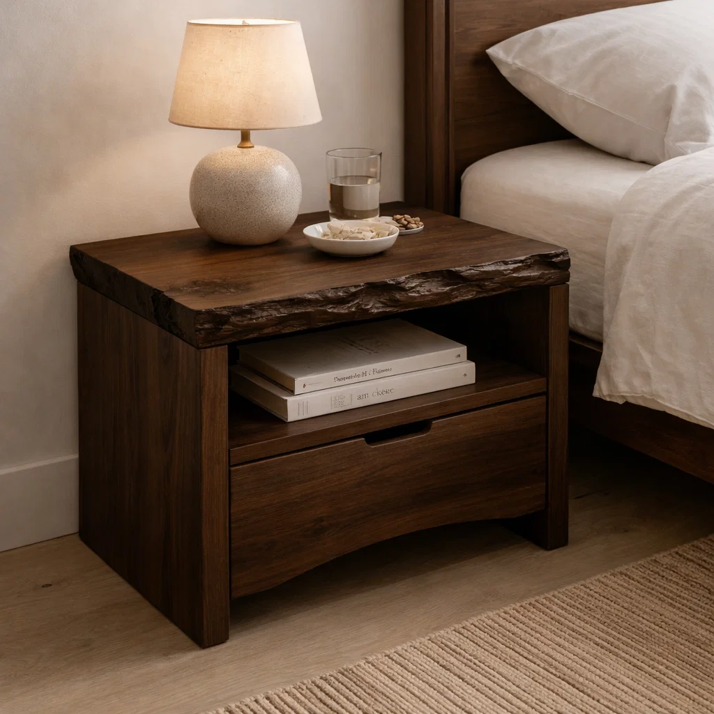 Solid Wood Live Edge End Table with Drawer and Shelf – Rustic Bedside Nightstand