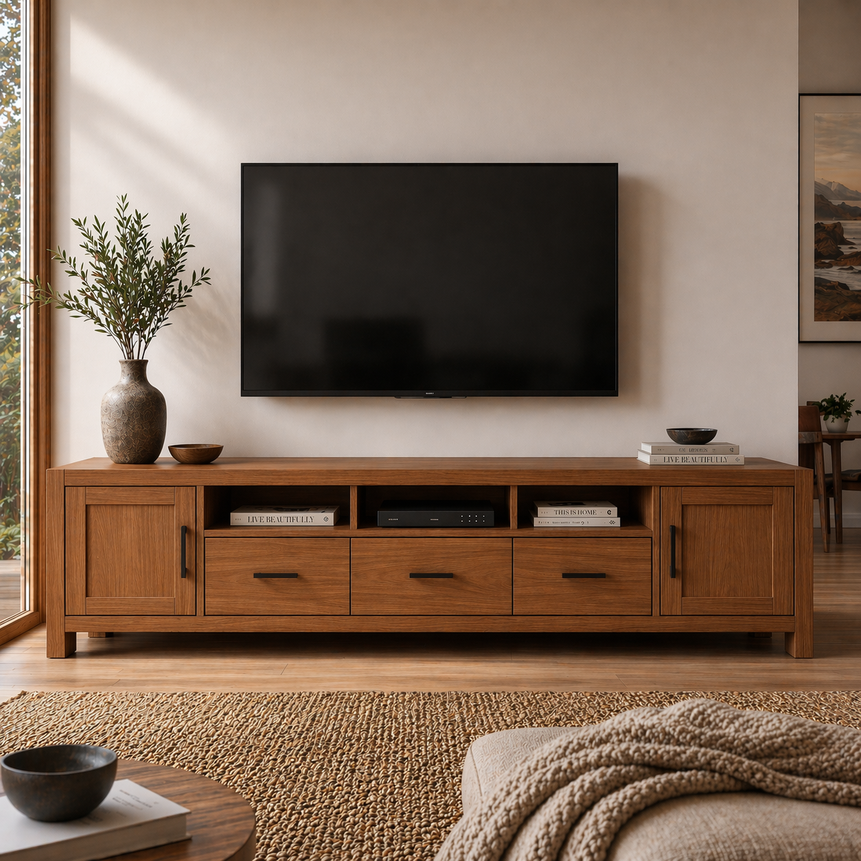 Solid Wood Media Console with Drawers, Modern TV Stand with Storage Cabinets