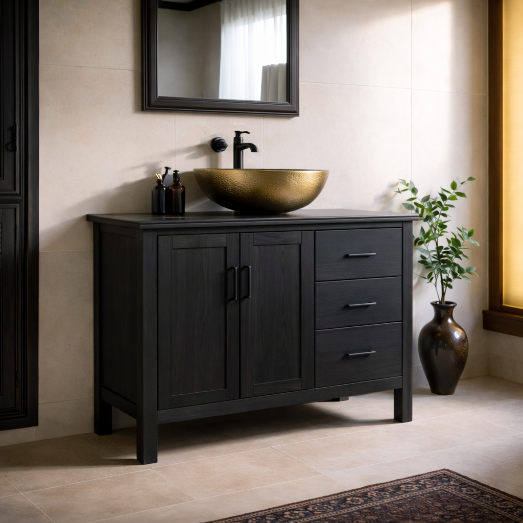Solid Wood Bathroom Vanity with 3 Drawers and Double Door Cabinet for Storage