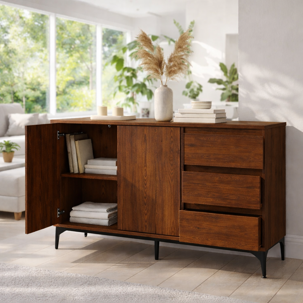 Solid Wood Sideboard Cabinet with Drawers and Shelves