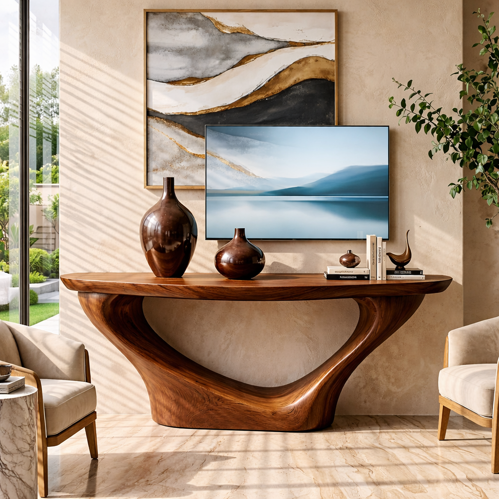 Solid Wood Console Table with Sculptural Curved Base, Modern Artistic Design