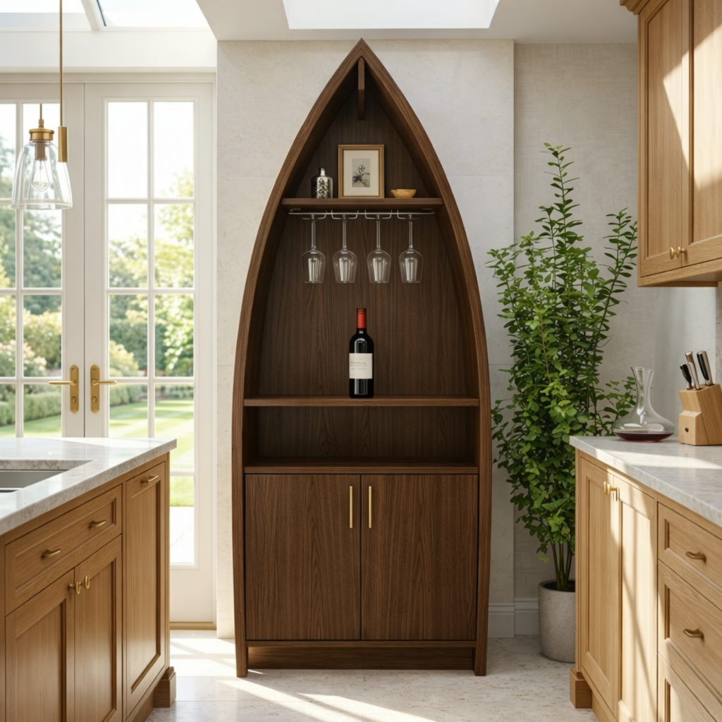 Modern Boat Shaped Bar Cabinet with Glass Rack and Concealed Storage Doors