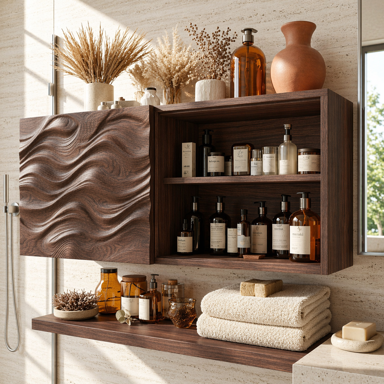 Floating Bathroom Cabinet, Modern Wavy Wall Mounted Vanity Storage Shelf Organizer