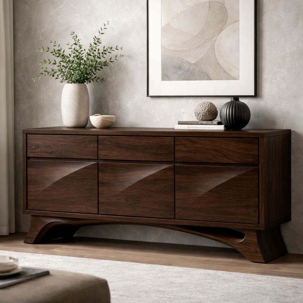 Solid Wood Console Cabinet with Drawers – Modern Walnut Sideboard Storage