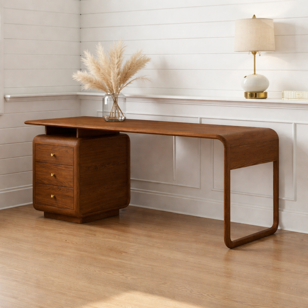 Modern Waterfall Desk with Drawers, Minimalist Home Office Writing Table
