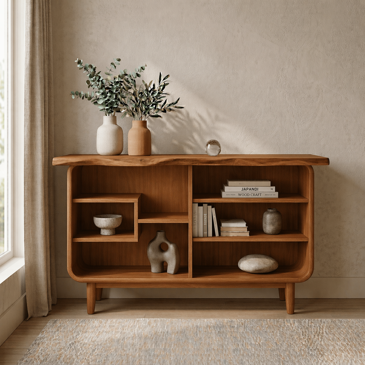 Solid Wood Console Cabinet with Open Shelves – Modern Rustic Storage Sideboard
