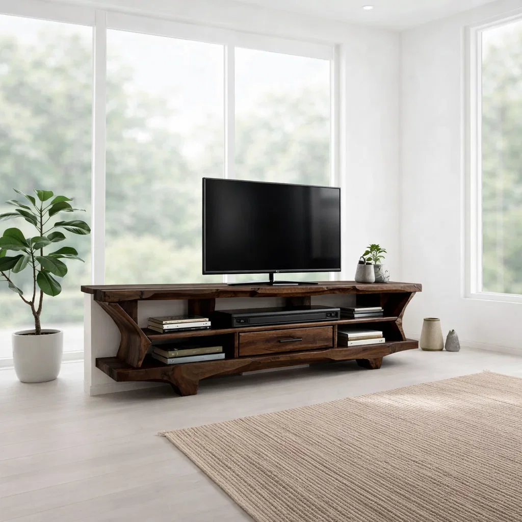 Solid Wood TV Console with Live Edge – Rustic Modern Media Stand with Storage